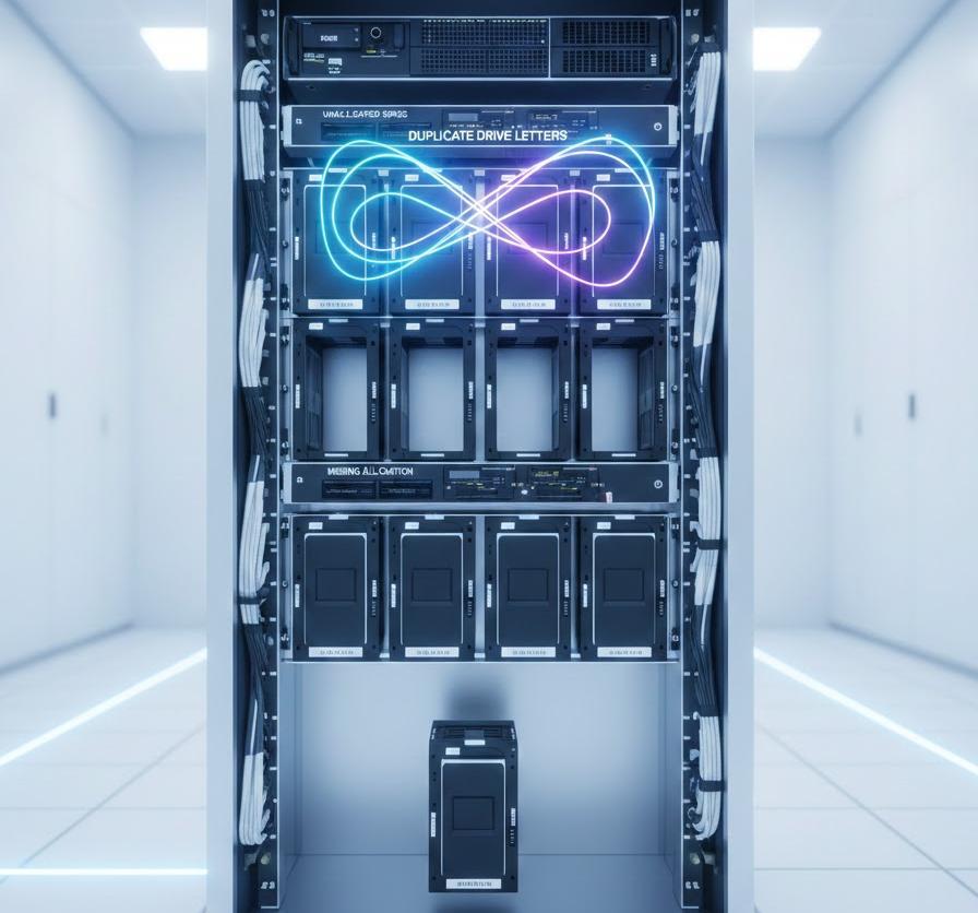 ディスク管理でのドライブレター重複と割り当て不足